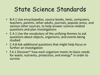 State Science StandardsB.4.1 Use encyclopedias, source books, texts, computers, teachers, parents, other adults, journals, popular press, and various other sources, to help answer science-related questions and plan investigationsC.4.1 Use the vocabulary of the unifying themes to ask questions about objects, organisms, and events being studiedC.4.8 Ask additional questions that might help focus or further an investigationF.4.1 Discover* how each organism meets its basic needs for water, nutrients, protection, and energy* in order to survive
