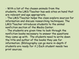 - With a list of the chosen animals from the students, the LMS/Teacher has web sites on hand that are relevant and age appropriate.- The LMS/Teacher helps the class explore sources for information and discuss researching techniques. The LMS/Teacher introduces students to the animal nonfiction section of the Media Center. - The students are given time to look through the nonfiction books necessary to answer the questions they came up with.  The students need to write down the title and author of the books they use for information. (Bibliography can go more in-depth if students are ready for it.) Each student needs two print sources.