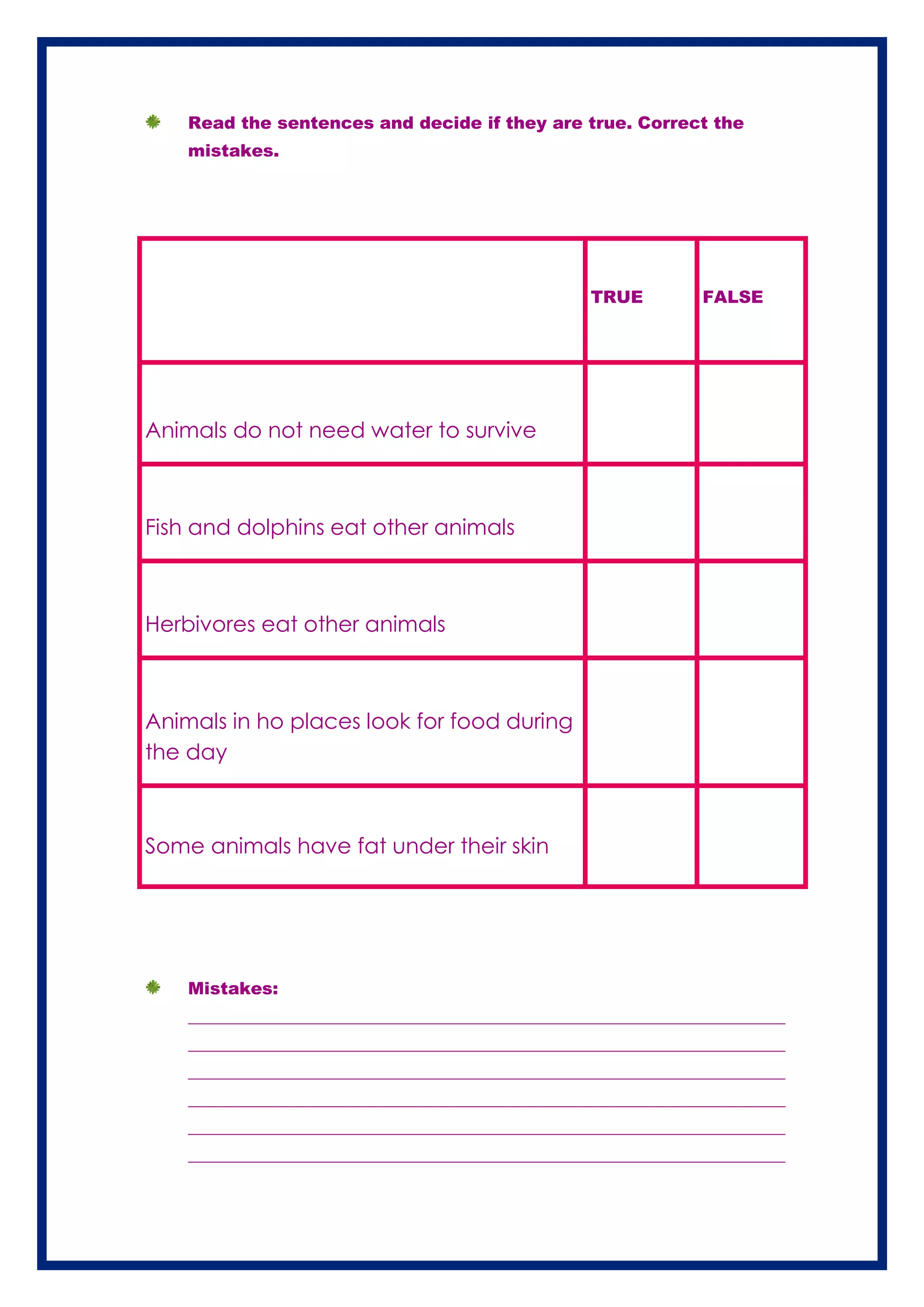 Read the sentences and decide if they are true. Correct the mistakes.<br />TRUEFALSEAnimals do not need water to surviveFish and dolphins eat other animalsHerbivores eat other animalsAnimals in ho places look for food during the daySome animals have fat under their skin<br />Mistakes:<br />________________________________________________________________________________________________________________________________________________________________________________________________________________________________________________________________________________________________________________________________________________________________________________________________________________________________________________________________________________________________________________________________________________________________________________<br />