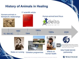Proprietary information: Not to be reproduced or distributed without the express consent of Mars Inc. ©Mars 2016
History of Animals in Healing
194410, 000 BC
Humans-animals in
therapeutic relationships
1860
Notes on nursing
1st scientific article
1980s
Effects on
human health
Human-animal bond focus
1960s
Visitation programmes
2008
WALTHAM NICHD
partnership
 