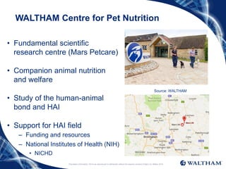 Proprietary information: Not to be reproduced or distributed without the express consent of Mars Inc. ©Mars 2016
WALTHAM Centre for Pet Nutrition
• Fundamental scientific
research centre (Mars Petcare)
• Companion animal nutrition
and welfare
• Study of the human-animal
bond and HAI
• Support for HAI field
– Funding and resources
– National Institutes of Health (NIH)
• NICHD
Source: WALTHAM
 