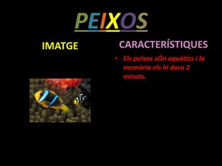PEIXOS
IMATGE CARACTERÍSTIQUES
• Els peixos sÓn aquàtics i la
memòria els hi dura 2
minuts.
 