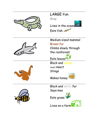 LARGE Fish
Gray
Lives in the ocean
Eats fish
Medium sized mammal
Brown fur
Climbs slowly through
the rainforest
Eats leaves
Black and yellow
Small insect
Stings
Makes honey
Black and white fur
Says moo
Eats grass
Lives on a farm

 
