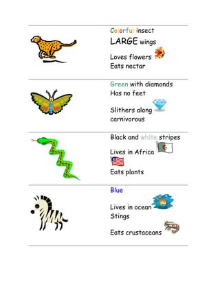 Colorful insect
l
l

LARGE wings
Loves flowers
Eats nectar
Green with diamonds
Has no feet
Slithers along
carnivorous
Black and white stripes
Lives in Africa
Eats plants
Blue
Lives in ocean
Stings
Eats crustaceans

 