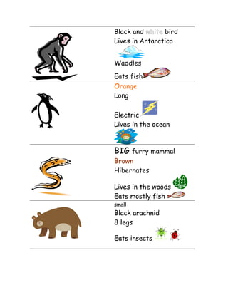 Black and white bird
Lives in Antarctica
Waddles
Eats fish
Orange
Long
Electric
Lives in the ocean

BIG furry mammal
Brown
Hibernates
Lives in the woods
Eats mostly fish
small

Black arachnid
8 legs
Eats insects

 