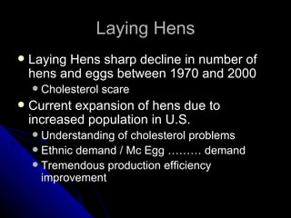 Laying Hens Laying Hens sharp decline in number of hens and eggs between 1970 and 2000 Cholesterol scare Current expansion of hens due to increased population in U.S. Understanding of cholesterol problems Ethnic demand / Mc Egg ……… demand Tremendous production efficiency improvement 