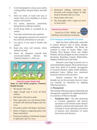 136
3. Cook food properly in clean areas and by
washing dishes and pots before and after
use.
4. Don’t eat, drink, or touch your eyes or
mouth while you’re handling or in close
contact with animals.
5. Use masks, spectacles, particularly
during disease outbreak situation.
6. Avoid being bitten or scratched by an
animal.
7. Vaccinate and deworm pets regularly.
8. Take appropriate measures for control of
flea and ticks infestations to your pets.
9. Use gloves if you need to handle sick
animal.
10. Keep area clean and sanitary, where
animals are kept.
11. Above all, immunize yourself from
vaccine-preventable diseases like
Typhoid, Hepatitis A, Polio, etc.
Internet my friend
Search for CCHF, MERS, and
Marburg viral infections in humans.
Steps to wash hands properly (National
Health Portal))
• Wet hands with water
• Apply enough soap to cover all hand
surfaces
• Rub hands with palm to palm
• Place right palm over left dorsum (back
of hand) with interlaced fingers and vice
versa
• Put palm to palm with fingers interlaced
• Backs of fingers to opposing palms with
finger interlocked
• Rotational rubbing of left thumb clasped
in right palm and vice versa
Steps for proper hand wash
• Rotational rubbing, backwards and
forwards with clasped fingers of right
hand in left palm and vice versa
• Rinse hands with water
• Dry thoroughly with a single use towel
or clean towel
8.5 Contingency planning for Livestock
India has been traditionally vulnerable
to natural disasters such as flood, drought,
earthquakes and landslides. The floods are
common in states of Assam, Bihar, Uttar
Pradesh, West Bengal, Orissa and Andhra
Pradesh, whereas droughts are more common in
Karnataka, Rajasthan, Gujarat, Maharashtra,
Madhya Pradesh and Tamil Nadu.
Disasters cause huge economic loss to
animalhusbandrysegment.Theeconomiclosses
result from death of livestock, management
of livestock diseases, public health problems,
production losses, habitat loss, nutritional
insecurity and loss of bio-diversity.
Natural calamities like flood and
drought can not be prevented, however losses
can certainly be minimized by adopting
following measures.
A. Management
This includes following aspects of planning and
management required to be implemented prior
to occurrence of flood or drought.
1. Population data : The data pertaining
to livestock population and disease
occurrence in the disaster prone districts
should be collected and maintained. This
will help in rescue operation, prevention
of diseases and calculation of actual
losses from such disasters.
Steps to Proper Handwashing
(a) Wet hand under
running water
(e) Grip the ﬁngers
on each hand
(f) Pay particular
attention to the thumbs
(g) Press ﬁngertips into
the palm of each hand
(h) Dry thoroughly with a
clean towel
(b) Apply soap and rub
palms together to ensure
complete coverage
(c) Spread the lather over
the back of the hands
(d) Make sure the soap
gets in between the ﬁngers
 
