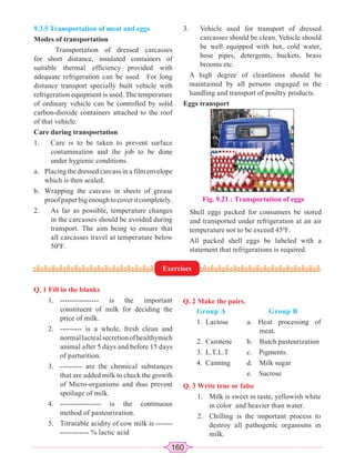 160
9.3.5 Transportation of meat and eggs
Modes of transportation
Transportation of dressed carcasses
for short distance, insulated containers of
suitable thermal efficiency provided with
adequate refrigeration can be used. For long
distance transport specially built vehicle with
refrigeration equipment is used. The temperature
of ordinary vehicle can be controlled by solid
carbon-dioxide containers attached to the roof
of that vehicle.
Care during transportation
1. Care is to be taken to prevent surface
contamination and the job to be done
under hygienic conditions.
a. Placingthedressedcarcassinafilmenvelope
which is then sealed.
b. Wrapping the carcass in sheets of grease
proofpaperbigenoughtocoveritcompletely.
2. As far as possible, temperature changes
in the carcasses should be avoided during
transport. The aim being to ensure that
all carcasses travel at temperature below
500
F.
3. Vehicle used for transport of dressed
carcasses should be clean. Vehicle should
be well equipped with hot, cold water,
hose pipes, detergents, buckets, brass
brooms etc.
A high degree of cleanliness should be
maintained by all persons engaged in the
handling and transport of poultry products.
Eggs transport
Q. 1 Fill in the blanks
1. ---------------- is the important
constituent of milk for deciding the
price of milk.
2. --------- is a whole, fresh clean and
normallactealsecretionofhealthymich
animal after 5 days and before 15 days
of parturition.
3. --------- are the chemical substances
that are added milk to check the growth
of Micro-organisms and thus prevent
spoilage of milk.
4. ----------------- is the continuous
method of pasteurization.
5. Titratable acidity of cow milk is -------
------------ % lactic acid
Q. 2 Make the pairs.
Group A Group B
1. Lactose a. Heat processing of
meat.
2. Carotene b. Batch pasteurization
3. L.T.L.T c. Pigments.
4. Canning d. Milk sugar
e. Sucrose
Q. 3 Write true or false
1. Milk is sweet in taste, yellowish white
in color and heavier than water.
2. Chilling is the important process to
destroy all pathogenic organisms in
milk.
Shell eggs packed for consumers be stored
and transported under refrigeration at an air
temperature not to be exceed 450
F.
All packed shell eggs be labeled with a
statement that refrigerations is required.
Exercises
Fig. 9.21 : Transportation of eggs
 