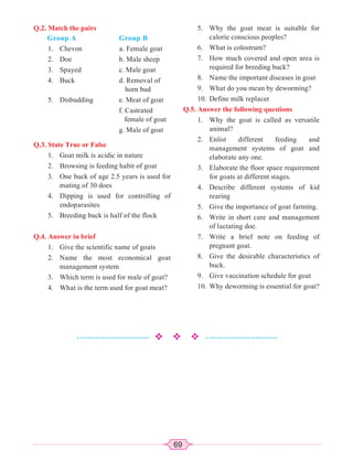 69
Q.2. Match the pairs
Group A Group B
1. Chevon a. Female goat
2. Doe b. Male sheep
3. Spayed c. Male goat
4. Buck d. Removal of
horn bud
5. Disbudding e. Meat of goat
f. Castrated
female of goat
g. Male of goat
Q.3. State True or False
1. Goat milk is acidic in nature
2. Browsing is feeding habit of goat
3. One buck of age 2.5 years is used for
mating of 30 does
4. Dipping is used for controlling of
endoparasites
5. Breeding buck is half of the flock
Q.4. Answer in brief
1. Give the scientific name of goats
2. Name the most economical goat
management system
3. Which term is used for male of goat?
4. What is the term used for goat meat?
5. Why the goat meat is suitable for
calorie conscious peoples?
6. What is colostrum?
7. How much covered and open area is
required for breeding buck?
8. Name the important diseases in goat
9. What do you mean by deworming?
10. Define milk replacer
Q.5. Answer the following questions
1. Why the goat is called as versatile
animal?
2. Enlist different feeding and
management systems of goat and
elaborate any one.
3. Elaborate the floor space requirement
for goats at different stages.
4. Describe different systems of kid
rearing
5. Give the importance of goat farming.
6. Write in short care and management
of lactating doe.
7. Write a brief note on feeding of
pregnant goat.
8. Give the desirable characteristics of
buck.
9. Give vaccination schedule for goat
10. Why deworming is essential for goat?
 