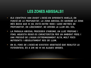 • Els científics han dividit l’Oceà en diferents nivells, en
funció de la profunditat. La zona abissal és gairebé la zona
més baixa que hi ha. Està entre 3000 i 6000 metres de
profunditat, on lògicament, no arriba la llum del sol.
• La paraula abissal procedeix d’abisme, un lloc profund i
fons. Aquesta regió es caracteritza per un ambient fred, i
una pressió de l’aigua extremadament alta, molt pocs
nutrients i absolutament res de llum.
• En el fons de l'oceà no existeix vegetació que realitzi la
fotosíntesi, és a dir no hi ha algues verdes.

 