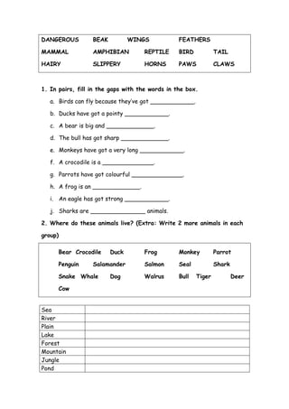 DANGEROUS

BEAK

WINGS

FEATHERS

MAMMAL

AMPHIBIAN

REPTILE

BIRD

TAIL

HAIRY

SLIPPERY

HORNS

PAWS

CLAWS

1. In pairs, fill in the gaps with the words in the box.
a. Birds can fly because they’ve got ____________.
b. Ducks have got a pointy ____________.
c. A bear is big and _____________.
d. The bull has got sharp _____________.
e. Monkeys have got a very long ____________.
f. A crocodile is a ______________.
g. Parrots have got colourful ______________.
h. A frog is an _____________.
i. An eagle has got strong ____________.
j. Sharks are _______________ animals.
2. Where do these animals live? (Extra: Write 2 more animals in each
group)
Bear Crocodile
Penguin

Salamander

Snake Whale
Cow

Sea
River
Plain
Lake
Forest
Mountain
Jungle
Pond

Duck

Dog

Frog

Monkey

Parrot

Salmon

Seal

Shark

Walrus

Bull

Tiger

Deer

 