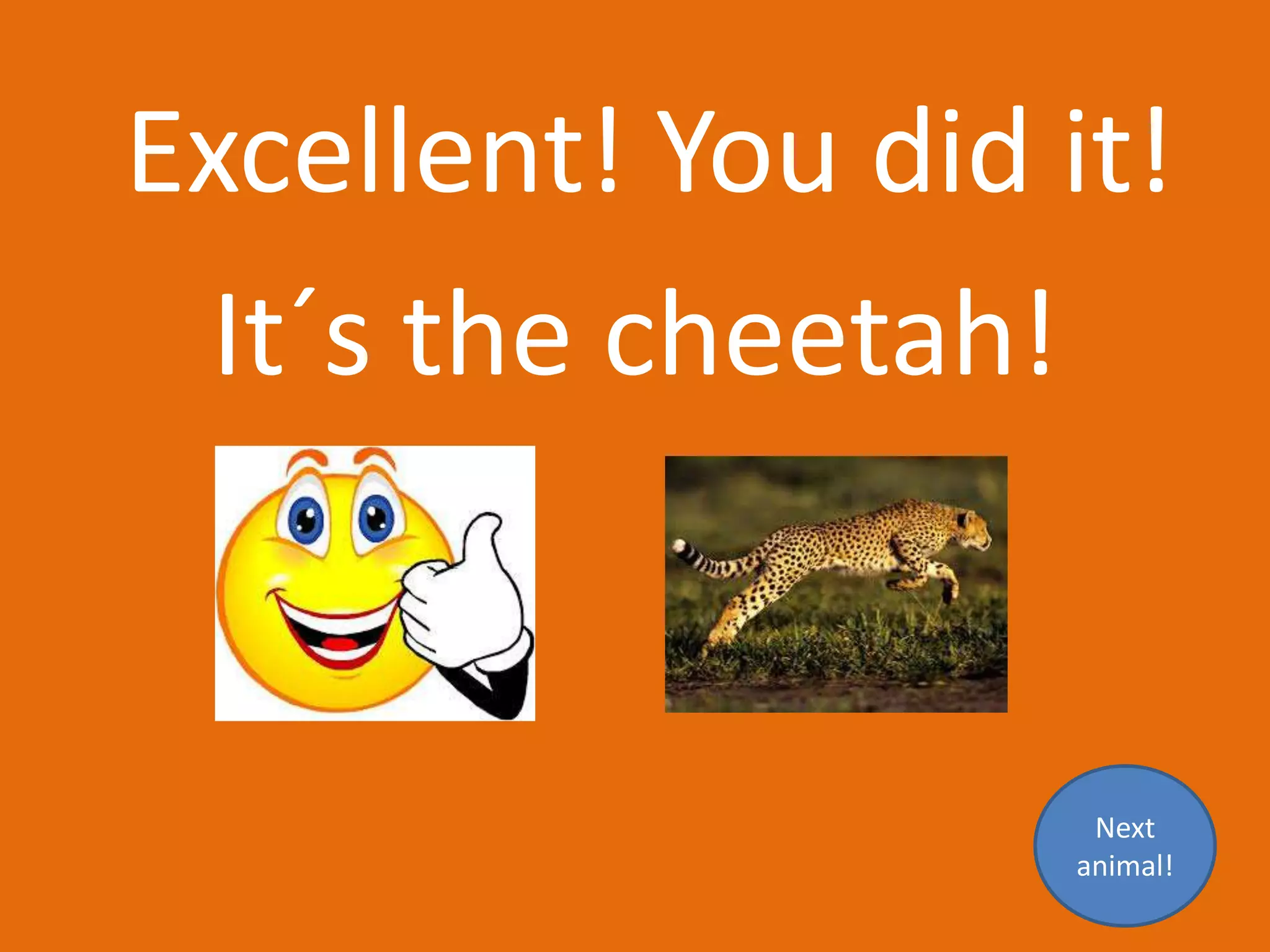Excellent! You did it!
It´s the cheetah!
Next
animal!
 
