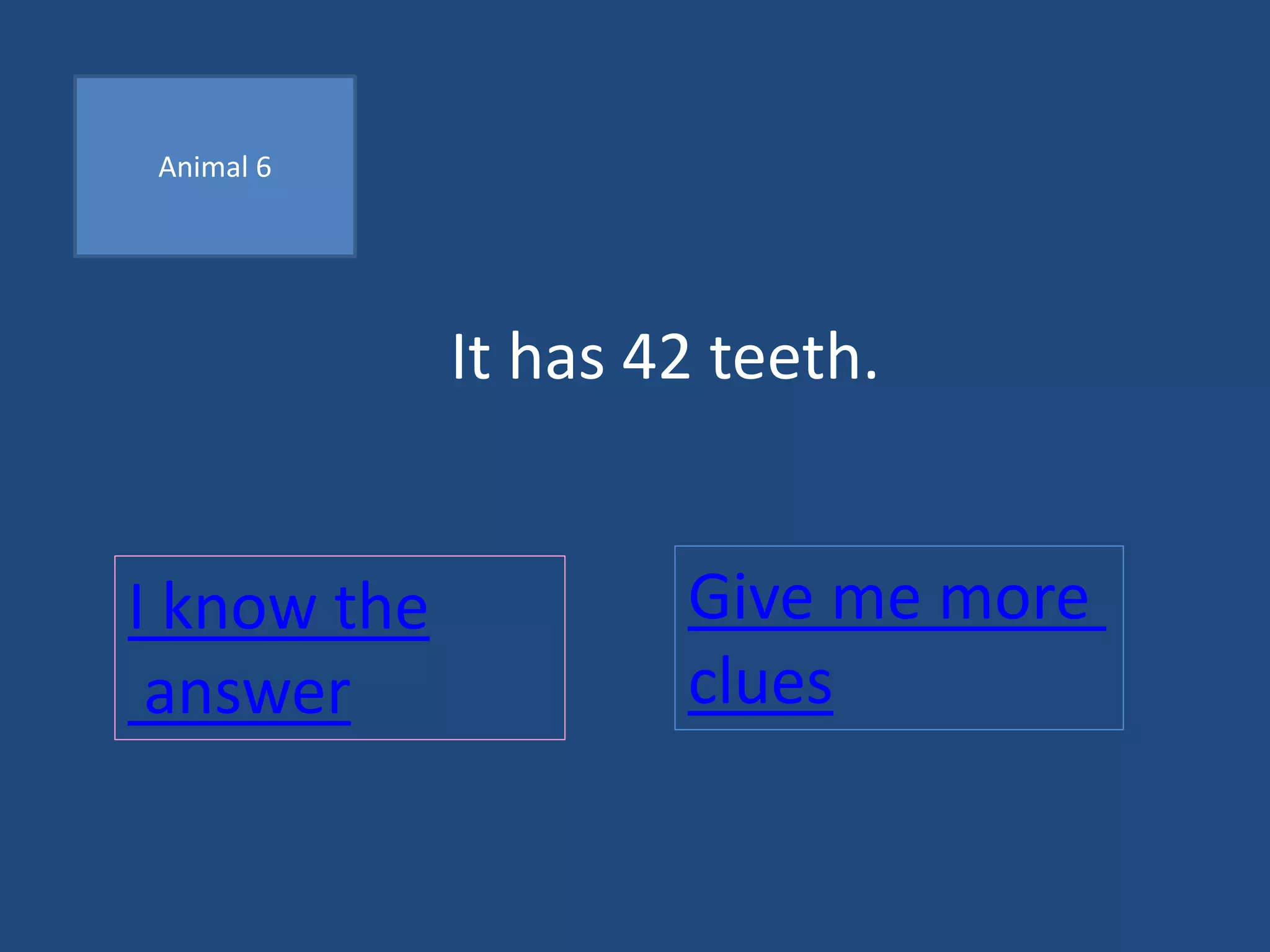 Animal 6
It has 42 teeth.
I know the
answer
Give me more
clues
 