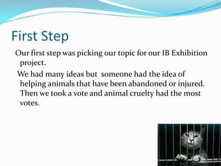 First Step
Our first step was picking our topic for our IB Exhibition
project.
We had many ideas but someone had the idea of
helping animals that have been abandoned or injured.
Then we took a vote and animal cruelty had the most
votes.
 