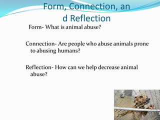 Form, Connection, an
d Reflection
Form- What is animal abuse?
Connection- Are people who abuse animals prone
to abusing humans?
Reflection- How can we help decrease animal
abuse?
 
