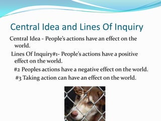 Central Idea and Lines Of Inquiry
Central Idea - People’s actions have an effect on the
world.
Lines Of Inquiry#1- People’s actions have a positive
effect on the world.
#2 Peoples actions have a negative effect on the world.
#3 Taking action can have an effect on the world.
 