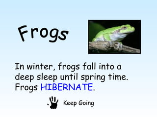 In winter, frogs fall into a
deep sleep until spring time.
Frogs HIBERNATE.
            Keep Going
 