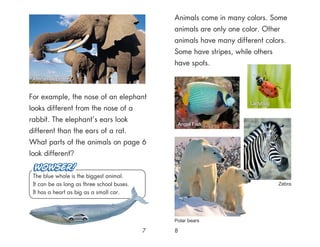 7
Animals come in many colors. Some
animals are only one color. Other
animals have many different colors.
Some have stripes, while others
have spots.
8
Polar bears
African elephants
Angel Fish
For example, the nose of an elephant
looks different from the nose of a
rabbit. The elephant’s ears look
different than the ears of a rat.
What parts of the animals on page 6
look different?
The blue whale is the biggest animal.
It can be as long as three school buses.
It has a heart as big as a small car.
Ladybug
Zebra
 