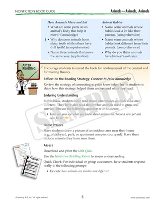 NONFICTION BOOK GUIDE Animals—Animals, Animals
© Learning A–Z, Inc. All rights reserved. www.sciencea-z.com5
AFTER
READING Encourage students to reread the book for reinforcement of the content and
for reading fluency.
Reflect on the Reading Strategy: Connect to Prior Knowledge
Review the strategy of connecting to prior knowledge. Invite students to
share how this strategy helped them understand what they read.
Enduring Understanding
In this book, students have read about what makes animals alike and
different. They have also read about what animals need to grow and
survive. Discuss the following question with students:
æ How can you use what you know about animals to choose a new pet and
care for it?
Home Project
Have students draw a picture of an outdoor area near their home
(e.g., a backyard, park, or apartment complex courtyard). Have them
include animals they have seen there.
Assess
Download and print the Unit Quiz.
Use the Nonfiction Retelling Rubric to assess understanding.
Quick Check: For individual or group assessment, have students respond
orally to the following prompt:
æ Describe how animals are similar and different.
How Animals Move and Eat
æ What are some parts on an
animal’s body that help it
move? (knowledge)
æ Why do some animals have
sharp teeth while others have
dull teeth? (comprehension)
æ Name three animals that move
the same way. (application)
Animal Babies
æ Name some animals whose
babies look a lot like their
parents. (comprehension)
æ Name some animals whose
babies look different from their
parents. (comprehension)
æ Why do you think animals
have babies? (analysis)
 