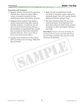 © Learning A–Z, Inc. All rights reserved. www.sciencea-z.com
Extensions and Variations
• Research: Gather and record any questions
students have about sow bugs. Offer a
variety of research materials to help
students learn more about these creatures.
• Variation: Have students help design a
similar experiment using other student-
friendly creatures, remembering rules for
safe and ethical animal handling. Discuss
the feasibility of experiments they would
like to conduct to learn more about the
animal’s behavior. Please ensure that no
harm comes to the animal subjects.
• Writing: Invite students to write a diary
entry as if they were sow bugs. What did
they do today?
EXPERIMENT Animals—Sow Bugs
• Math: Use the recorded times it took
sow bugs to uncurl to create a manual or
electronic graph. This will visually display
differences between groups’ bugs.
• Art: Have students study the sow bugs
with hand lenses. Then help them use
their observations to make masks, posters,
nametags, or other art projects featuring
sow bugs.
Data Sheet: Answers will vary. Generally, the
sow bugs will curl up for some time after being
touched. Being nocturnal, they will tend to seek
shade from the flashlight.
3
 