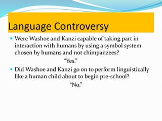 Language Controversy
 Were Washoe and Kanzi capable of taking part in
interaction with humans by using a symbol system
chosen by humans and not chimpanzees?
“Yes.”
 Did Washoe and Kanzi go on to perform linguistically
like a human child about to begin pre-school?
“No.”
 