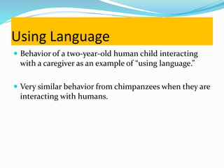 Using Language
 Behavior of a two-year-old human child interacting
with a caregiver as an example of “using language.”
 Very similar behavior from chimpanzees when they are
interacting with humans.
 