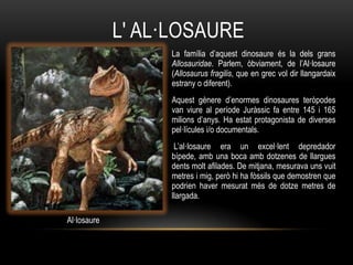 L' AL·LOSAURE
                  La família d‟aquest dinosaure és la dels grans
                  Allosauridae. Parlem, òbviament, de l‟Al·losaure
                  (Allosaurus fragilis, que en grec vol dir llangardaix
                  estrany o diferent).
                  Aquest gènere d‟enormes dinosaures teròpodes
                  van viure al període Juràssic fa entre 145 i 165
                  milions d‟anys. Ha estat protagonista de diverses
                  pel·lícules i/o documentals.
                   L‟al·losaure era un excel·lent depredador
                  bípede, amb una boca amb dotzenes de llargues
                  dents molt afilades. De mitjana, mesurava uns vuit
                  metres i mig, però hi ha fòssils que demostren que
                  podrien haver mesurat més de dotze metres de
                  llargada.

Al·losaure
 