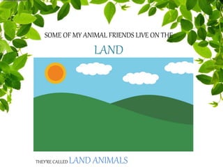 SOME OF MY ANIMAL FRIENDS LIVE ON THE
LAND
THEY’RE CALLED LAND ANIMALS
 