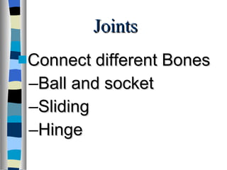 Joints Connect different Bones Ball and socket Sliding Hinge  