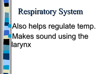 Respiratory System Also helps regulate temp. Makes sound using the larynx 