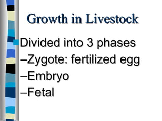 Growth in Livestock Divided into 3 phases Zygote: fertilized egg Embryo Fetal 