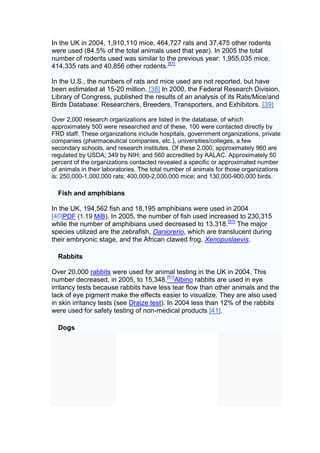 In the UK in 2004, 1,910,110 mice, 464,727 rats and 37,475 other rodents
were used (84.5% of the total animals used that year). In 2005 the total
number of rodents used was similar to the previous year: 1,955,035 mice,
414,335 rats and 40,856 other rodents.[51]

In the U.S., the numbers of rats and mice used are not reported, but have
been estimated at 15-20 million. [38] In 2000, the Federal Research Division,
Library of Congress, published the results of an analysis of its Rats/Mice/and
Birds Database: Researchers, Breeders, Transporters, and Exhibitors. [39]

Over 2,000 research organizations are listed in the database, of which
approximately 500 were researched and of these, 100 were contacted directly by
FRD staff. These organizations include hospitals, government organizations, private
companies (pharmaceutical companies, etc.), universities/colleges, a few
secondary schools, and research institutes. Of these 2,000, approximately 960 are
regulated by USDA; 349 by NIH; and 560 accredited by AALAC. Approximately 50
percent of the organizations contacted revealed a specific or approximated number
of animals in their laboratories. The total number of animals for those organizations
is: 250,000-1,000,000 rats; 400,000-2,000,000 mice; and 130,000-900,000 birds.

  Fish and amphibians

In the UK, 194,562 fish and 18,195 amphibians were used in 2004
[40]PDF (1.19 MiB). In 2005, the number of fish used increased to 230,315
while the number of amphibians used decreased to 13,318.[51] The major
species utilized are the zebrafish, Daniorerio, which are translucent during
their embryonic stage, and the African clawed frog, Xenopuslaevis.

  Rabbits

Over 20,000 rabbits were used for animal testing in the UK in 2004. This
number decreased, in 2005, to 15,348.[51]Albino rabbits are used in eye
irritancy tests because rabbits have less tear flow than other animals and the
lack of eye pigment make the effects easier to visualize. They are also used
in skin irritancy tests (see Draize test). In 2004 less than 12% of the rabbits
were used for safety testing of non-medical products [41].

  Dogs
 