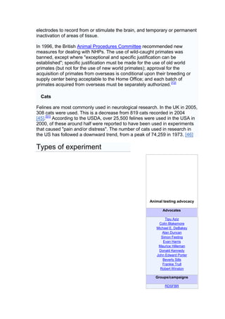 electrodes to record from or stimulate the brain, and temporary or permanent
inactivation of areas of tissue.

In 1996, the British Animal Procedures Committee recommended new
measures for dealing with NHPs. The use of wild-caught primates was
banned, except where "exceptional and specific justification can be
established"; specific justification must be made for the use of old world
primates (but not for the use of new world primates); approval for the
acquisition of primates from overseas is conditional upon their breeding or
supply center being acceptable to the Home Office; and each batch of
primates acquired from overseas must be separately authorized. [72]

  Cats

Felines are most commonly used in neurological research. In the UK in 2005,
308 cats were used. This is a decrease from 819 cats recorded in 2004
[45].[51] According to the USDA, over 25,500 felines were used in the USA in
2000, of these around half were reported to have been used in experiments
that caused "pain and/or distress". The number of cats used in research in
the US has followed a downward trend, from a peak of 74,259 in 1973. [46]

Types of experiment




                                                       Animal testing advocacy

                                                             Advocates

                                                               Tipu Aziz
                                                           Colin Blakemore
                                                          Michael E. DeBakey
                                                             Alan Duncan
                                                             Simon Festing
                                                              Evan Harris
                                                           Maurice Hilleman
                                                           Donald Kennedy
                                                          John Edward Porter
                                                              Beverly Sills
                                                              Frankie Trull
                                                            Robert Winston

                                                          Groups/campaigns

                                                              RDSFBR
 