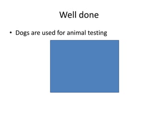 Well done
• Dogs are used for animal testing
 