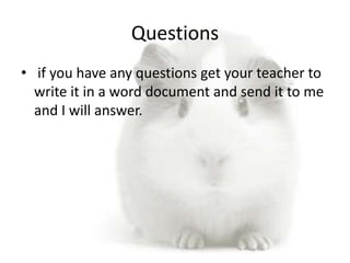 Questions
• if you have any questions get your teacher to
  write it in a word document and send it to me
  and I will answer.
 