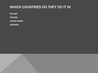 WHICH COUNTRIES DO THEY DO IT IN
Europe
Canada
united states
autsralia
 