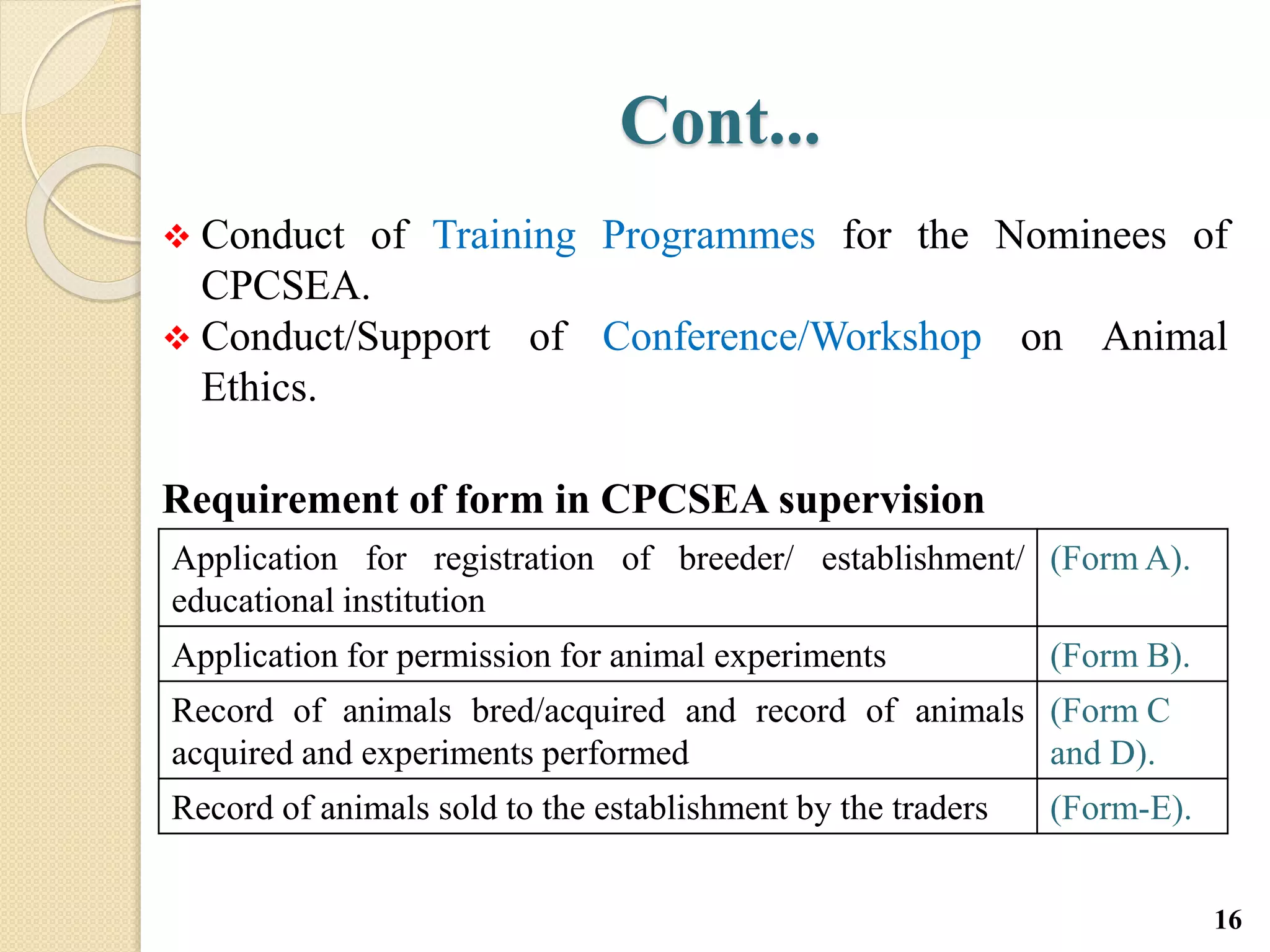 Cont...
 Conduct of Training Programmes for the Nominees of
CPCSEA.
 Conduct/Support of Conference/Workshop on Animal
Ethics.
Requirement of form in CPCSEA supervision
16
Application for registration of breeder/ establishment/
educational institution
(Form A).
Application for permission for animal experiments (Form B).
Record of animals bred/acquired and record of animals
acquired and experiments performed
(Form C
and D).
Record of animals sold to the establishment by the traders (Form-E).
 