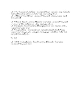 Lab 5: The Chemistry of Life Time: 1 hour (plus 24 hours preparation time) Materials:
Variety of household substances, plastic wrap, water, cutting utensil
Lab 6: Diffusion Time: 1.5 hours Materials: Water, watch or timer , viscous liquid
from cupboard
Lab 7: Osmosis Time: 1 hour (plus 3 hours for observation) Materials: Water, watch
or timer, several types of potatoes, cutting utensil, paper towel
Lab 8: Respiration Time: 1 hour (plus 2 hours preparation time) Materials: Water,
watch or timer, paper towel
Lab 9: Enzymes Time: 1 hour (plus 2 hours preparation time) Materials: Water,
watch or timer, string, ice, hot water, paper towel, ginger root, at least 2 other food
sources (potato, apple, etc.)
The Cell:
Lab 10: Cell Structure Function Time: 1 hour (plus 24 hours for observation)
Materials: Water, square plastic
 