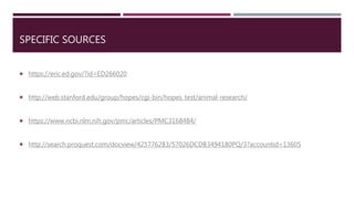 SPECIFIC SOURCES
 https://eric.ed.gov/?id=ED266020
 http://web.stanford.edu/group/hopes/cgi-bin/hopes_test/animal-research/
 https://www.ncbi.nlm.nih.gov/pmc/articles/PMC3168484/
 http://search.proquest.com/docview/425776283/57026DCDB3494180PQ/3?accountid=13605
 