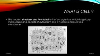 WHAT IS CELL ?
• The smallest structural and functional unit of an organism, which is typically
microscopic and consists o...