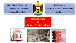 LECTURE OF SUBJECT :
Dr. sharafaldin Al-musawi
College of Biotecholgy
LECTURE: 2
SUBJECT: Animal Tissue culture
LEVEL: 4
 
