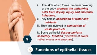 Functions of epithelial tissues
8
i. The skin which forms the outer covering
of the body protects the underlying
cells from drying, injury and microbial
infections.
ii. They help in absorption of water and
nutrients.
iii. They are involved in elimination of
waste products.
iv. Some epithelial tissues perform
secretory function (Secretion of sweat,
saliva, mucus and enzymes).
 