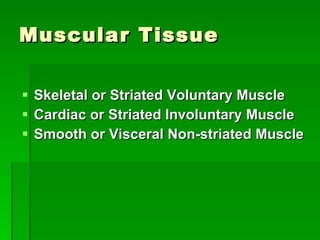 Muscular Tissue Skeletal or Striated Voluntary Muscle Cardiac or Striated Involuntary Muscle Smooth or Visceral Non-striated Muscle 