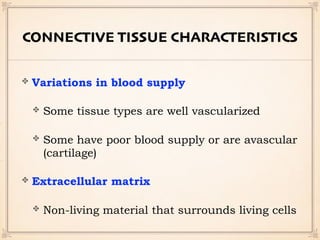 CONNECTIVE TISSUE CHARACTERISTICS
Variations in blood supply
Some tissue types are well vascularized
Some have poor blood supply or are avascular
(cartilage)
Extracellular matrix
Non-living material that surrounds living cells
 