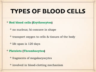 TYPES OF BLOOD CELLS
Red blood cells (Erythrocytes)
no nucleus; bi-concave in shape
transport oxygen to cells & tissues of the body
life span is 120 days
Platelets (Thrombocytes)
fragments of megakaryocytes
involved in blood-clotting mechanism
 
