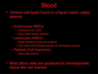Blood Various cell types found in a liquid matrix called plasma Erythrocytes (RBCs) Transport O2, CO2 Stay within blood vessels Leukocytes (WBCs) Fight infection (immune system) Can move from blood vessels to connective tissues Platelets (Cell fragments) Help with clotting Most blood cells are produced in hematopoietic tissue like red marrow 