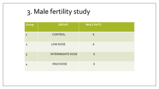 3. Male fertility study
Group GROUP MALE RATS
1 CONTROL 6
2 LOW DOSE 6
3 INTERMIGIATE DOSE 6
4 HIGH DOSE 6
 