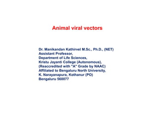 Animal viral vectors
Dr. Manikandan Kathirvel M.Sc., Ph.D., (NET)
Assistant Professor,
Department of Life Sciences,
Kristu Jayanti College (Autonomous),
(Reaccredited with "A" Grade by NAAC)
Affiliated to Bengaluru North University,
K. Narayanapura, Kothanur (PO)
Bengaluru 560077
 