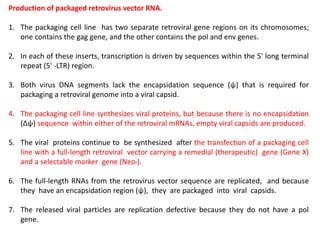 Production of packaged retrovirus vector RNA.
1. The packaging cell line has two separate retroviral gene regions on its chromosomes;
one contains the gag gene, and the other contains the pol and env genes.
2. In each of these inserts, transcription is driven by sequences within the 5' long terminal
repeat (5' -LTR) region.
3. Both virus DNA segments lack the encapsidation sequence (ψ) that is required for
packaging a retroviral genome into a viral capsid.
4. The packaging cell line synthesizes viral proteins, but because there is no encapsidation
(Δψ) sequence within either of the retroviral mRNAs, empty viral capsids are produced.
5. The viral proteins continue to be synthesized after the transfection of a packaging cell
line with a full-length retroviral vector carrying a remedial (therapeutic) gene (Gene X)
and a selectable marker gene (Neor).
6. The full-length RNAs from the retrovirus vector sequence are replicated, and because
they have an encapsidation region (ψ), they are packaged into viral capsids.
7. The released viral particles are replication defective because they do not have a pol
gene.
 