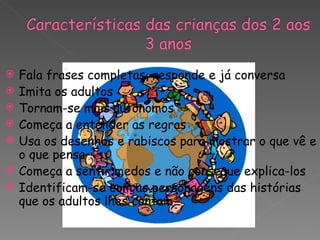    Fala frases completas, responde e já conversa
   Imita os adultos
   Tornam-se mais autónomos
   Começa a entender as regras
   Usa os desenhos e rabiscos para mostrar o que vê e
    o que pensa
   Começa a sentir medos e não consegue explica-los
   Identificam-se com as personagens das histórias
    que os adultos lhes contam
 